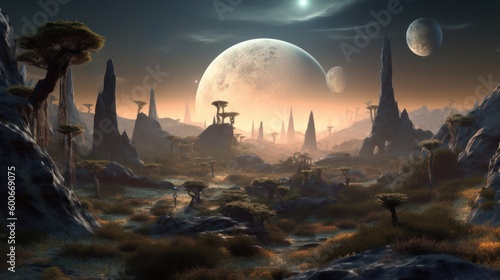 Alien World Landscape, Fantasy Background, Digital Illustration, Concept Art, Generative AI