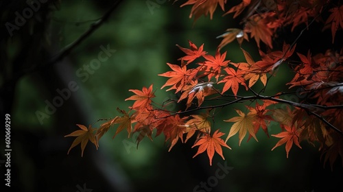  a tree with red leaves in the fall season with a blurry background.  generative ai