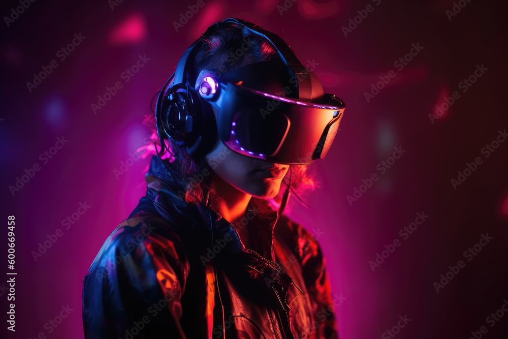 A man with a vr-helmet on his head observes the space of virtual reality on a dark background in a neon glow. AI generated illustration.