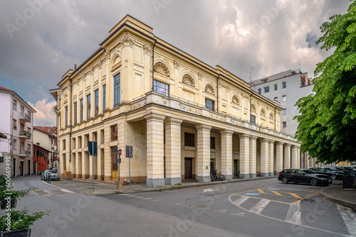 Bra, Cuneo, Piedmont, Italy - May 08, 2023: Politeama Boglione theater building in Carlo Alberto Square