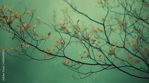  a tree branch with small leaves on a green background with a blurry sky in the background. generative ai