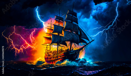 Stampa su tela Painting of pirate ship in storm with lightning in the background