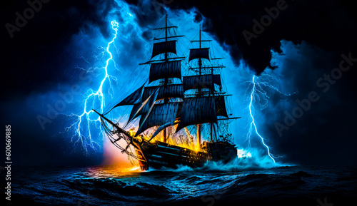 Leinwand Poster Ship in the ocean with lot of lightnings in the background