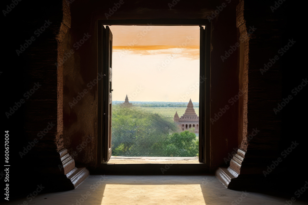 Bagan Valley in Myanmar view out of Buddhism temple window. Ancient temples and pagodas. Generative AI