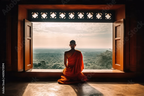 Buddhist monk sitting on a temple open window, view of Bagan Valley in Myanmar. Generative AI