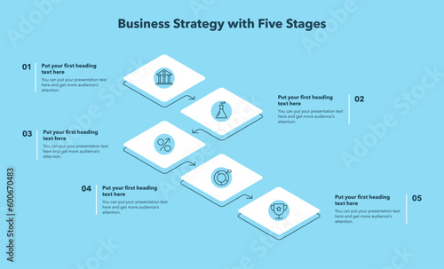 Business strategy template with five stages and place for your content - blue version. Flat infographic design.