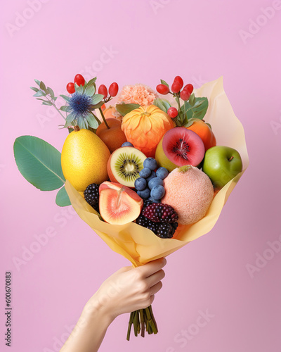 Abstract creative healthy concept, refreshing, fruity snack. Tropical fruit in a bouquet, a healthy diet gift for a girl. Illustration, Generative AI.