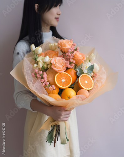 Abstract creative healthy concept, refreshing, fruity snack. Tropical fruit in a bouquet, a healthy diet gift for a girl. Illustration, Generative AI. photo