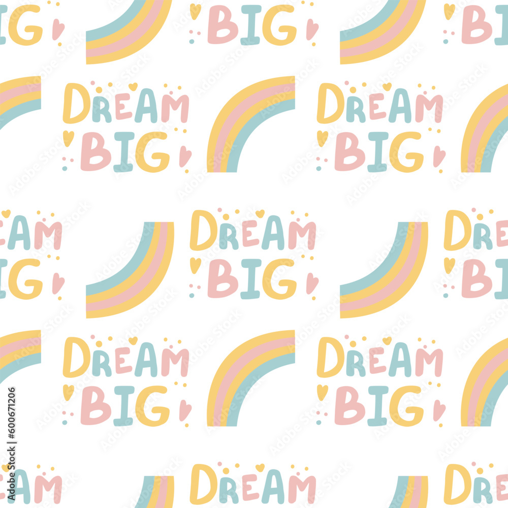 Big dream lettering and seamless pattern. Childish print for nursery in a Scandinavian style. For baby clothes. Vector cartoon illustration in pastel colors. Big dream lettering and seamless pattern. Childish print for nursery in a Scandinavian style. For baby clothes. Vector cartoon illustration in pastel colors.