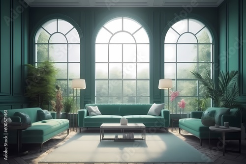 elegant living room green concept deseign with big windows generated ai