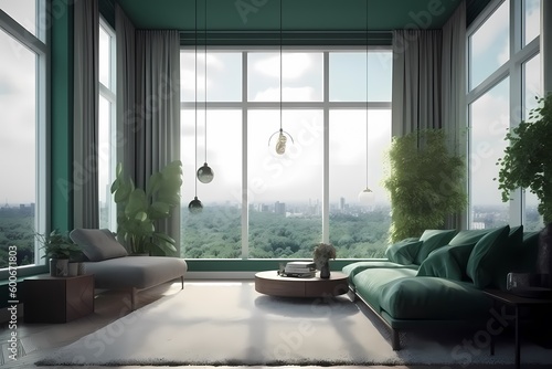 elegant living room green concept deseign with big windows generated ai © Rizzz