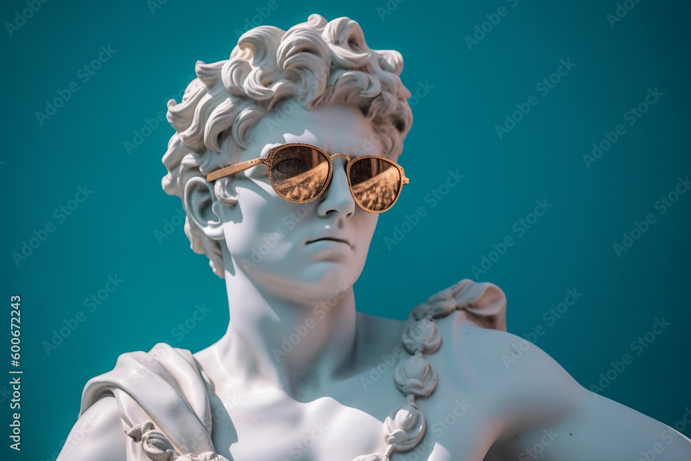 Fototapeta premium Apollo statue with sunglasses and gradient background, closeup, Generative ai