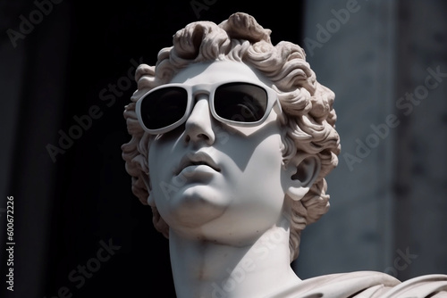 Apollo statue with sunglasses and gradient background, closeup, Generative ai