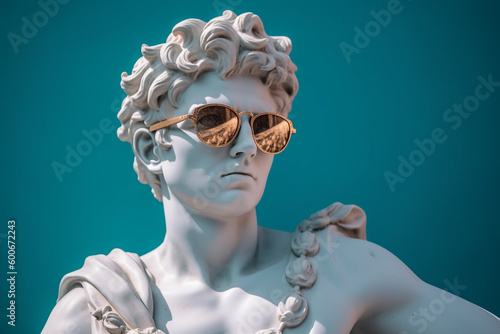 Apollo statue with  sunglasses and gradient background, closeup, Generative ai