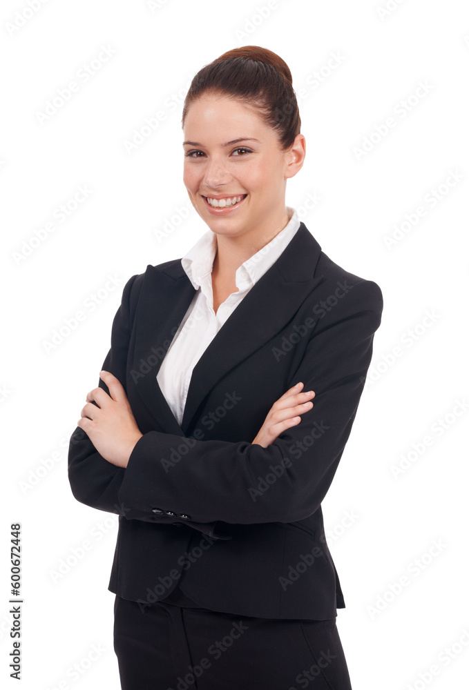 Portrait, business and woman with arms crossed, smile and employee isolated against white studio background. Face, female consultant and entrepreneur with confidence, professional and career success Portrait, business and woman with arms crossed, smile and employee isolated against white studio background. Face, female consultant and entrepreneur with confidence, professional and career success