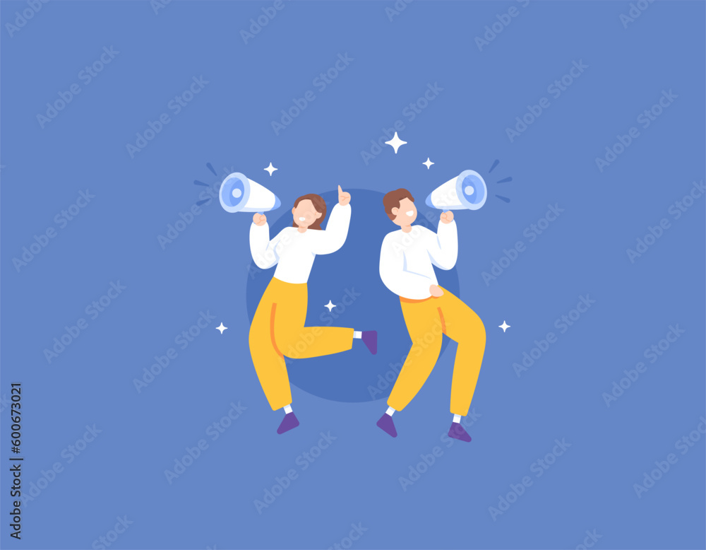 Marketing Team. PR or public relations. digital marketing. a man and a woman use megaphones to promote and attract audiences. announcements and news. illustration concept design. vector elements