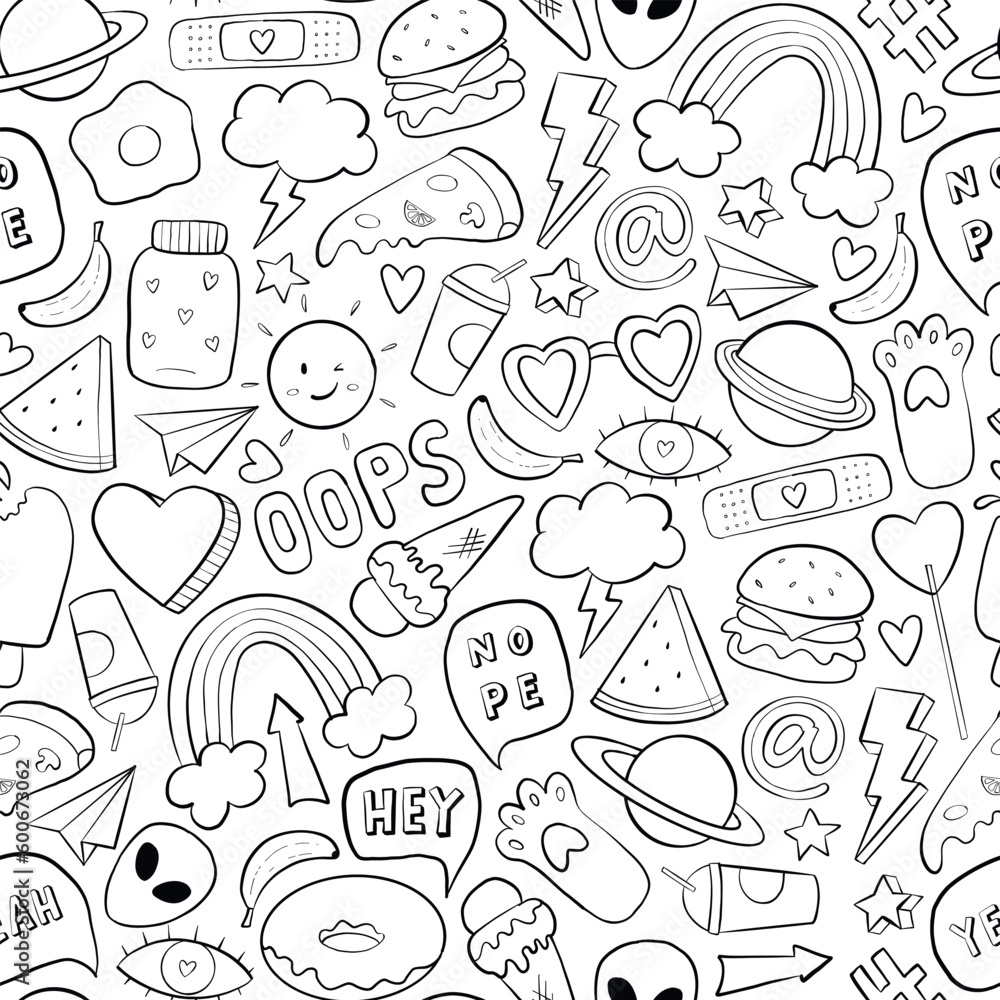 cute monochrome seamless pattern with cartoon doodles, retro clip art for coloring pages, prints, textile, wallpaper, scrapbooking, packsging, etc. EPS 10