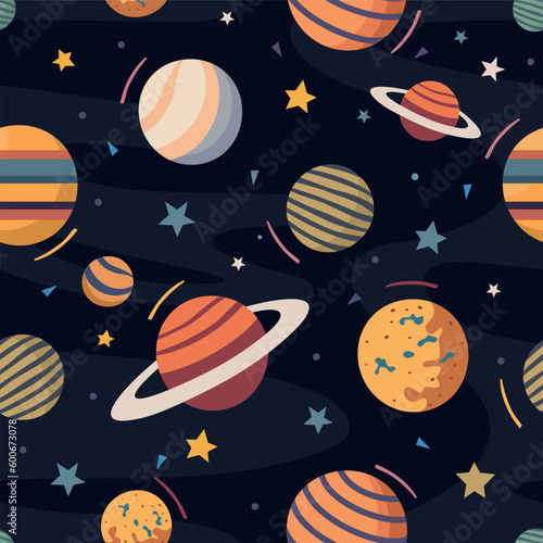 Space seamless pattern with planets and stars. Bright repeated texture with cosmic elements. Cute childish design for kids fabric and wrapping paper.