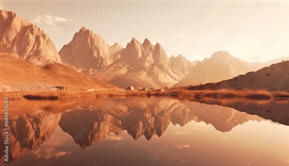 Mountains at sunset reflected in the lake. Generative AI.