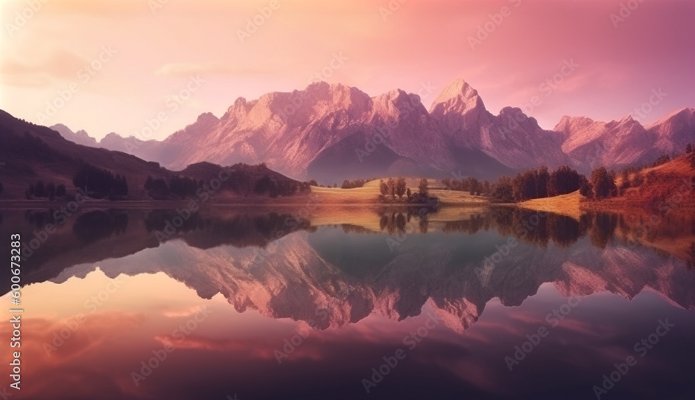 Mountains at sunset reflected in the lake. Generative AI.