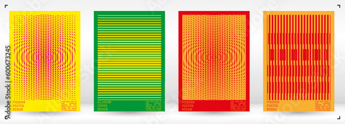 Geometrical Poster Design with Optical Illusion Effect.  Modern Psychedelic Cover Page Collection. Colourful Wave Lines Background. Fluid Stripes Art. Swiss Design. Vector Illustration for Brochure.