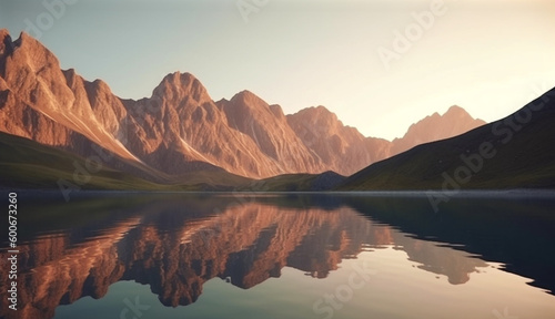 Mountains at sunset reflected in the lake. Generative AI.