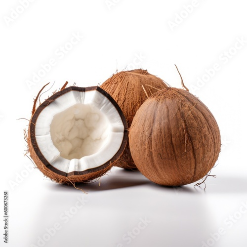 Whole coconut and a organic raw fresh ripe coconut open in half Generative AI Illustration