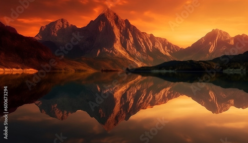 Mountains at sunset reflected in the lake. Generative AI. © BunpaengArt