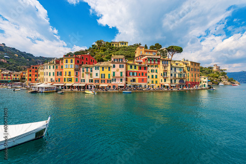 Cityscape and port of Portofino, luxury tourist resort in Genoa Province, Liguria, Italy, Europe. Colorful houses, Mediterranean sea (Ligurian sea). © Alberto Masnovo