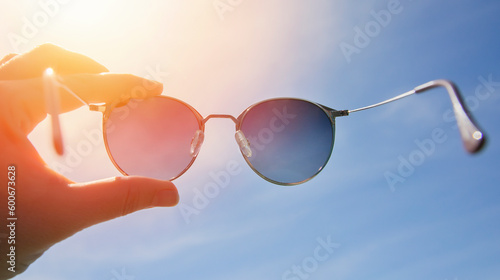 Hand holding stylish round sunglasses against bright sky and sun background. Wearing sunglasses on a sunny summer day. A man looks at the bright sun through polarized sunglasses. Summer mood
