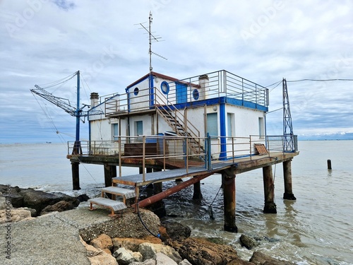 Tela Fishing shack or fishing hut or fishing cabin on pier of Adriatic sea in Italy,