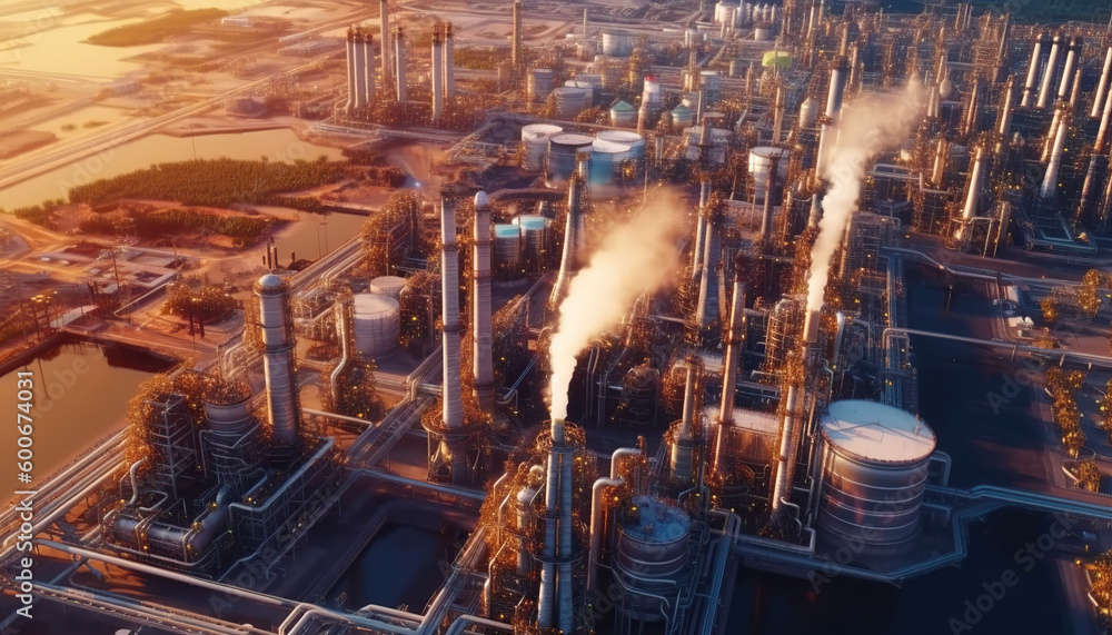 Aerial view of oil and gas industry refinery shot from drone