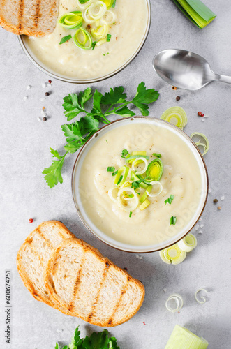 Leek Soup, Comfort Meal, Potato and Leek Creamy Soup, Vegetarian Food on Bright Background