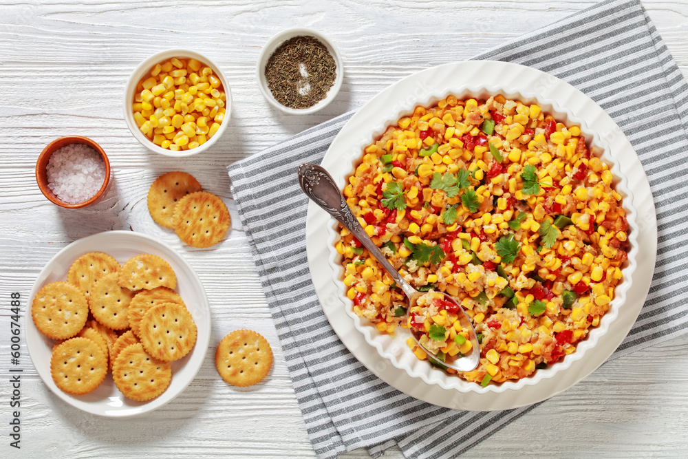 New Orleans Style Corn casserole in baking dish New Orleans Style Corn casserole in baking dish