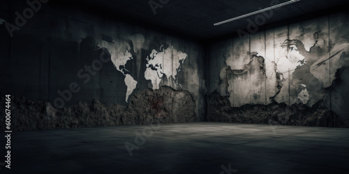 Crumbling globalization. A world map or the contents on a crumbling concert wall, of a dark and dim room. hand edited generative AI.