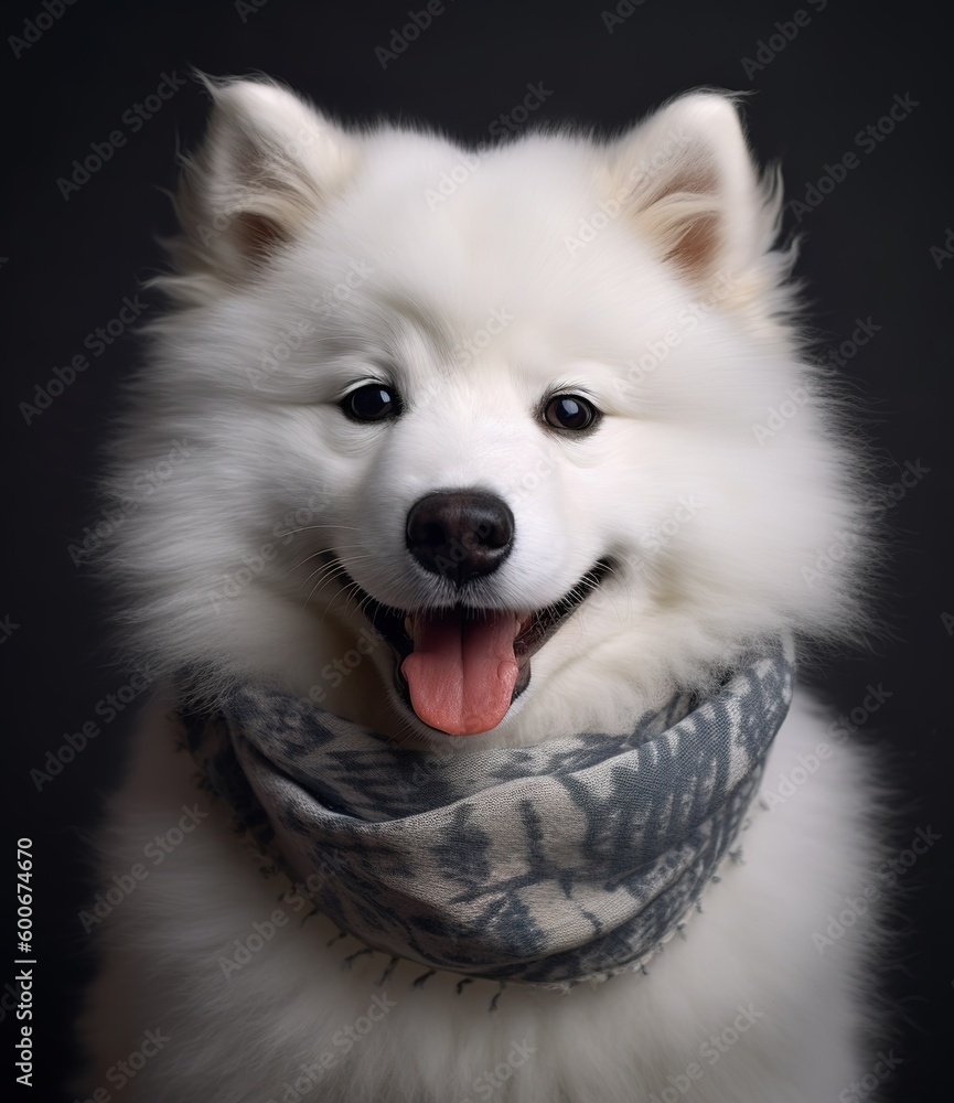 cute smiling Samoyed with scarf in a grey background, portrait created by generative AI technology.