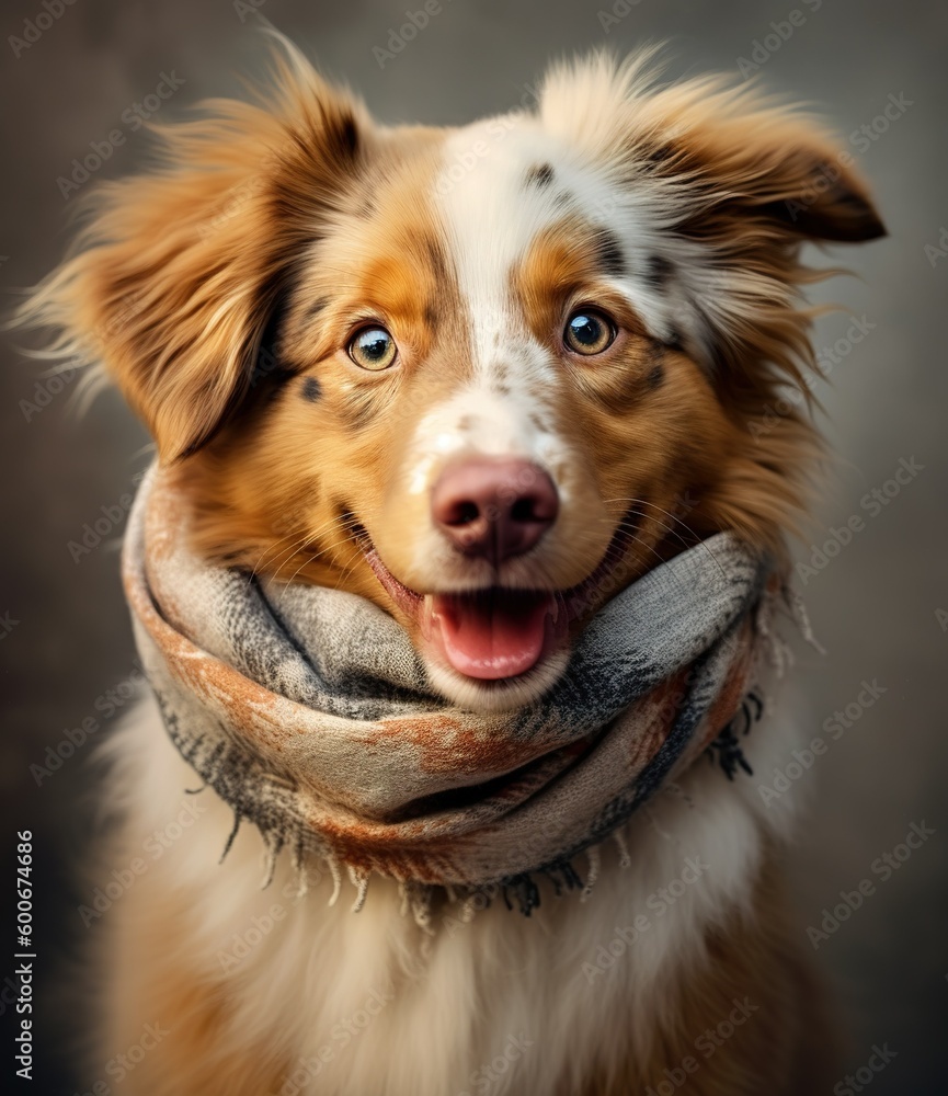 cute smiling Australian Shepherd with scarf in a grey background, portrait created by generative AI technology.