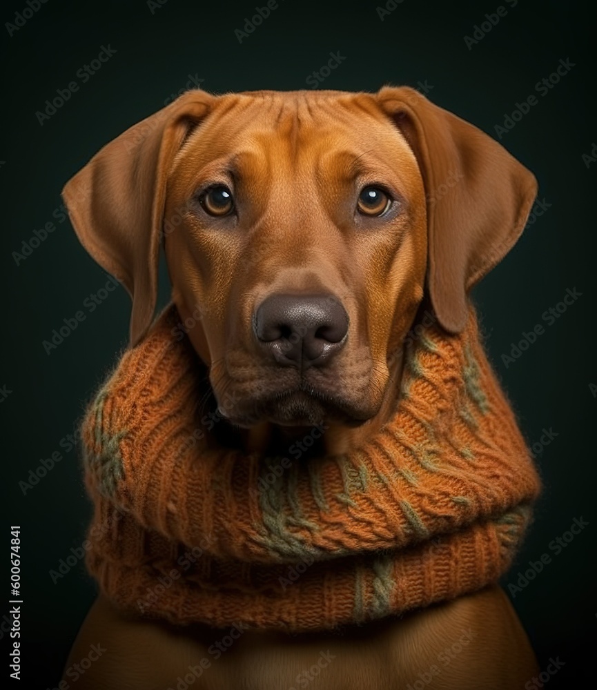 cute smiling Rhodesian Ridgeback with scarf in a grey background, portrait created by generative AI technology.