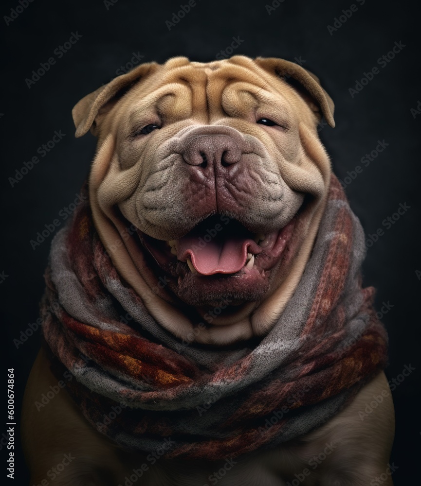 cute smiling Shar Pei dog with scarf in a grey background, portrait created by generative AI technology.