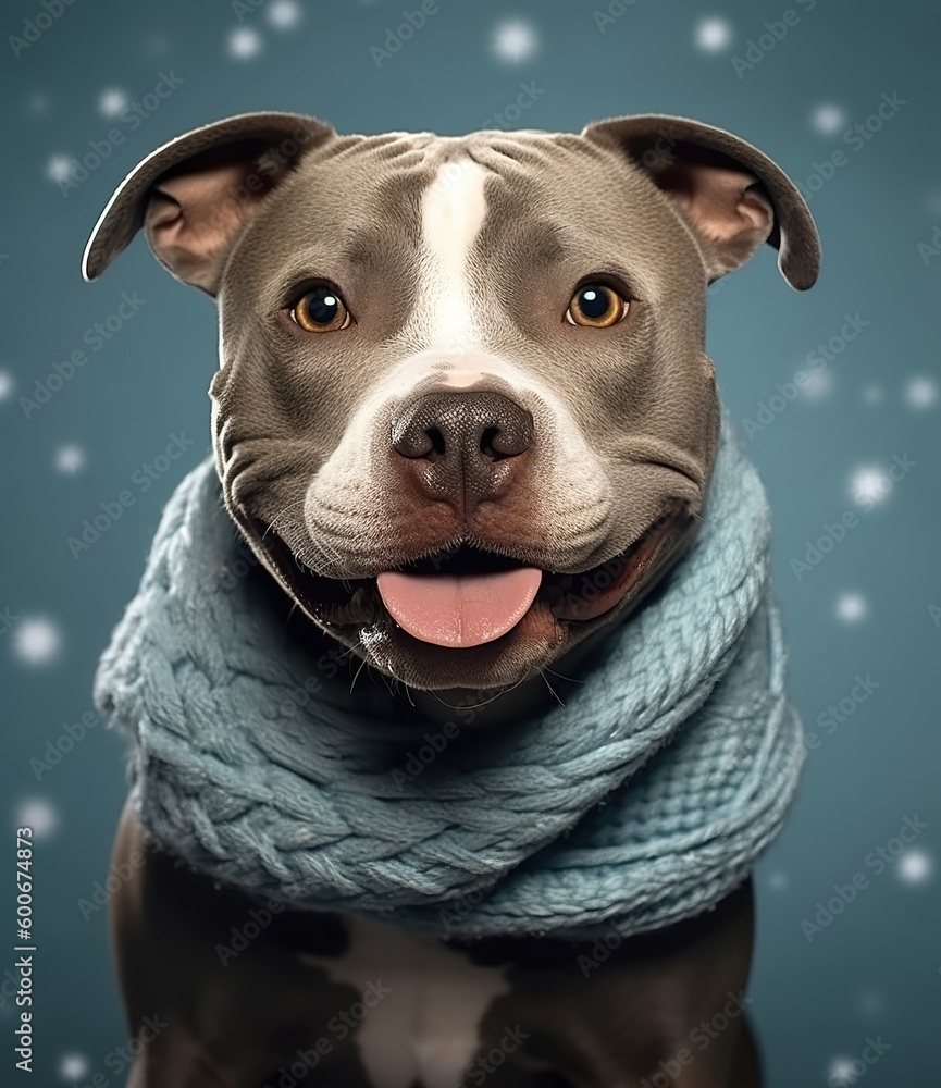 cute smiling Staffordshire Bull Terrier with scarf in a grey background, portrait created by generative AI technology.