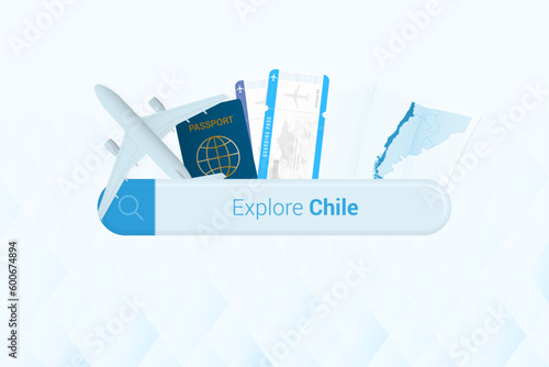 Searching tickets to Chile or travel destination in Chile. Searching bar with airplane, passport, boarding pass, tickets and map.