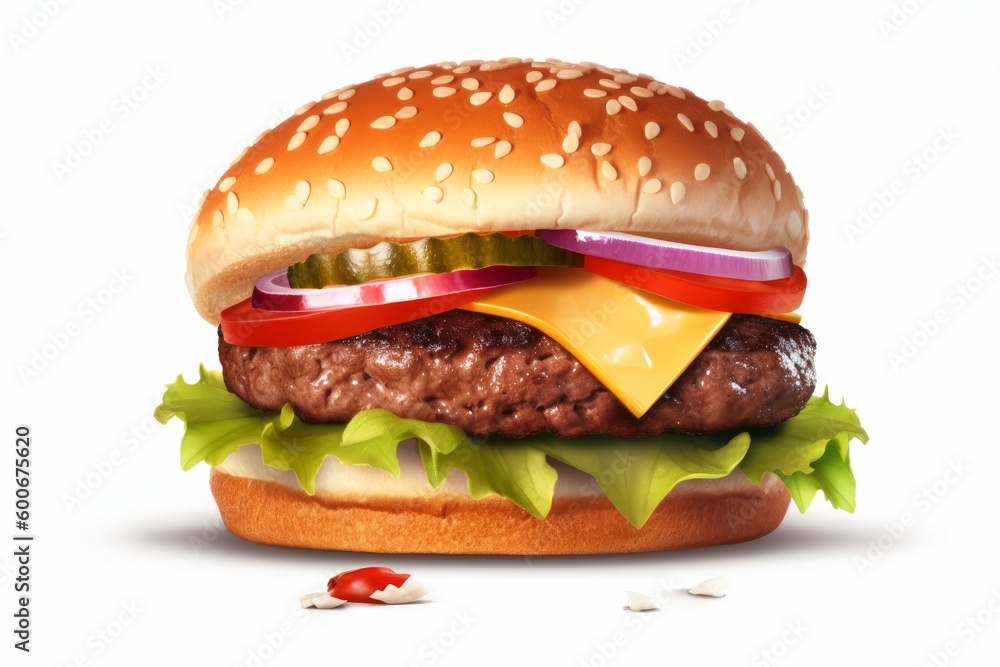 beef burger with cheese and vegetables isolated on white, generative ai beef burger with cheese and vegetables isolated on white, generative ai