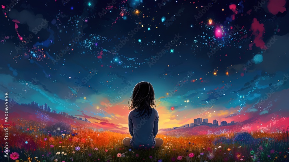 Naklejka premium illustration of a girl sitting in flower field under starfield sky, idea for hope and faith, Generative Ai