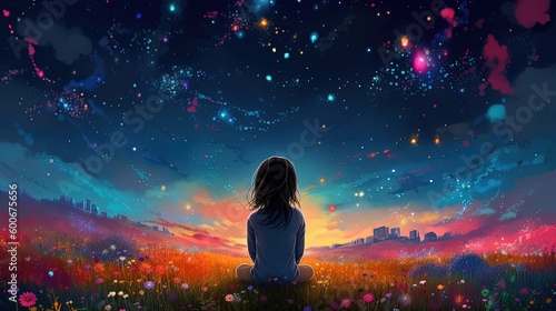 illustration of a girl sitting in flower field under starfield sky, idea for hope and faith, Generative Ai photo