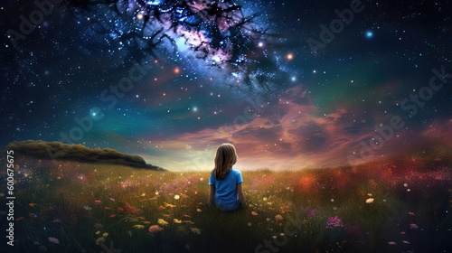 Fényképezés illustration of a girl sitting in flower field under starfield sky, idea for hop