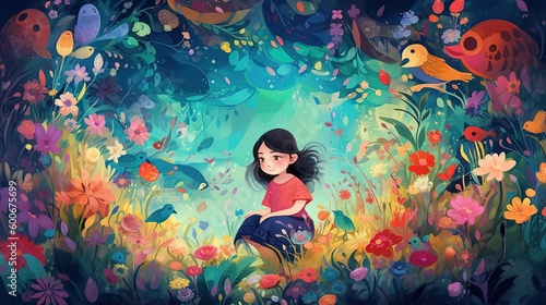 illustration of beautiful girl sitting in wildflower spring field at night time with wind blow petals flew in air, idea for wall art decor, Generative Ai 