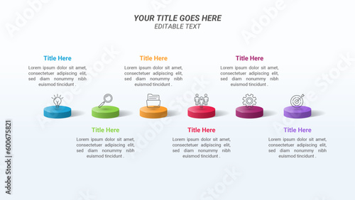 Flowchart Infographic with Editable Text, Six Steps, and Thin Icons on a 16:9 Ratio Layout for Business Processes, Goals, Reports, and Website Design.