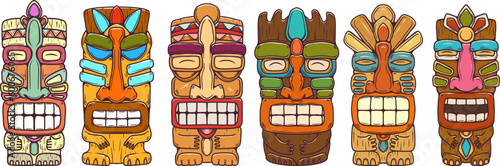 Traditional polynesian tiki idol. Illustration of tribal tiki mask. Design element for decorations. Vector illustration
