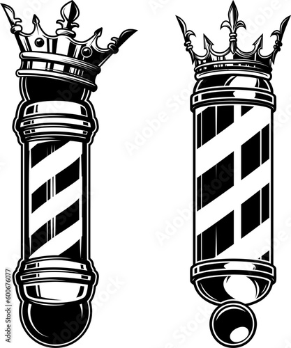 Barber pole with king crown. Design element for logo, label, sign, emblem. Vector illustration