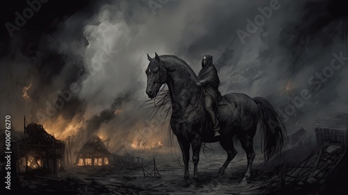 illustration of The Death on black horse, black smoke from fire burn on battlefield behind, Generative Ai © QuietWord